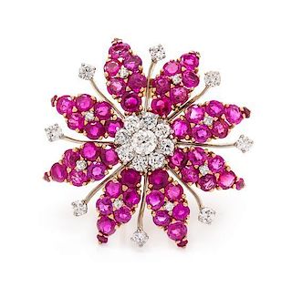 A Rose Gold, Platinum, Ruby and Diamond Brooch, 15.30 dwts.