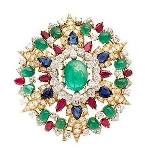 An 18 Karat Yellow Gold, Platinum, Emerald, Ruby, Sapphire and Diamond Pendant/Brooch, David Webb, Circa 1960, 33.10 dwts.