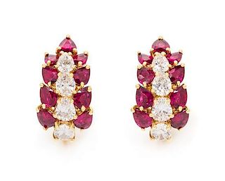 A Pair of Yellow Gold, Ruby and Diamond Earrings, 7.00 dwts.