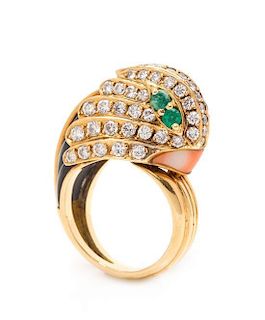 * An 18 Karat Yellow Gold, Diamond, Emerald, Onyx and Coral Parrot Motif Ring, French, 9.50 dwts.