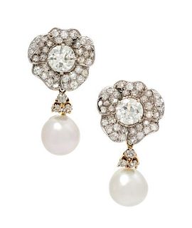 A Pair of Platinum, Yellow Gold, Diamond and Pearl Convertible Earrings, 7.60 dwts.