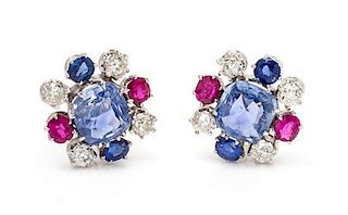 * A Pair of White Gold, Sapphire, Ruby and Diamond Earclips,