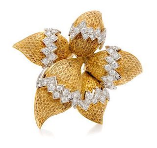 An 18 Karat Yellow Gold, Platinum and Diamond Flower Clip Brooch, Italian, 14.50 dwts.