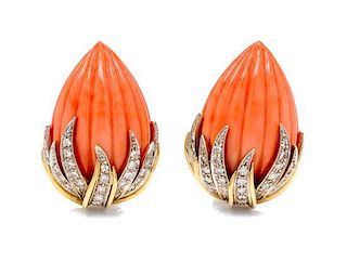 A Pair of 18 Karat Bicolor Gold, Coral and Diamond Earclips, Italian, 27.50 dwts.