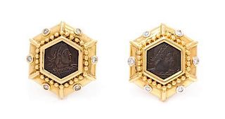 A Pair of 18 Karat Yellow Gold, Diamond and Ancient Coin Earclips, 17.10 dwts.