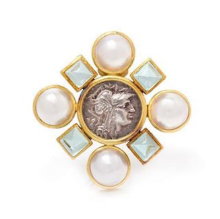 An 18 Karat Yellow Gold, Ancient Coin, Cultured Mabe Pearl and Glass Pendant/Brooch, Elizabeth Locke, 14.60 dwts.