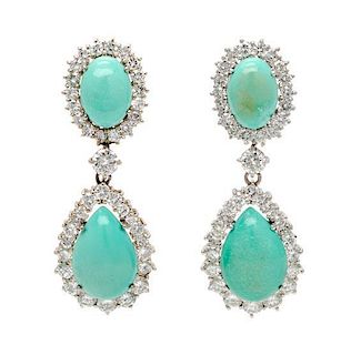 A Pair of 18 Karat White Gold, Turquoise and Diamond Pendant Earclips, 13.50 dwts.