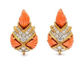 A Pair of 18 Karat Bicolor Gold, Coral and Diamond Earclips, 20.30 dwts.