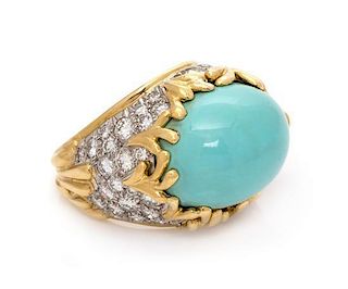 A Yellow Gold, Platinum, Turquoise and Diamond Ring, 15.50 dwts.