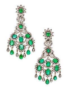 A Pair of Silver Topped Yellow Gold, Emerald and Diamond Earclips, 13.50 dwts.