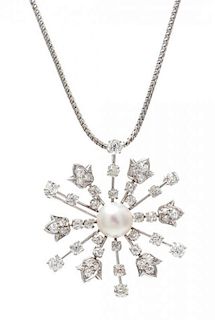 A Platinum, Cultured Pearl and Diamond Snowflake Motif Pendant/Brooch, 17.80 dwts.