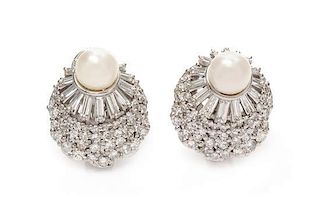 * A Pair of Platinum, 18 Karat White Gold, Diamond, and Cultured Pearl Earclips, 13.40 dwts.