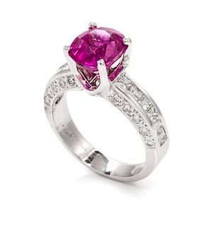 A 14 Karat White Gold, Burmese Pink Sapphire and Diamond Ring, 3.20 dwts.