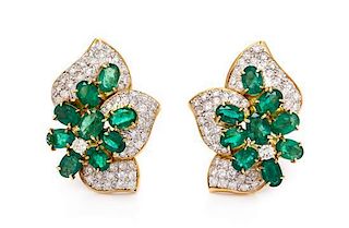 A Pair of 18 Karat Yellow Gold, Emerald and Diamond Earclips, 13.30 dwts.