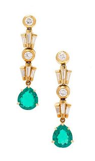 A Pair of Gold, Emerald and Diamond Dangle Earrings, 5.50 dwts.