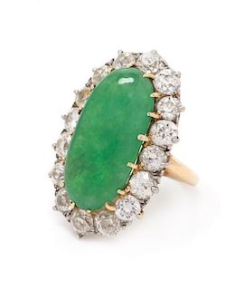 A Platinum Topped Yellow Gold, Jadeite Jade and Diamond Ring, 6.50 dwts.