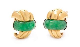 * A Pair of Retro 18 Karat Yellow Gold and Jadeite Earclips, George Schuler, 11.20 dwts.