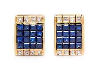 A Pair of Yellow Gold, Sapphire and Diamond Earrings, 9.20 dwts.
