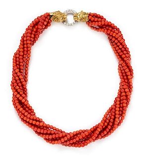 An 18 Karat Bicolor Gold, Diamond and Coral Torsade Necklace, Italian,