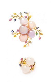 * An 18 Karat Yellow Gold, Cultured Pearl, Diamond and Multicolored Sapphire Demi-Parure, Schoeffel, 18.70 dwts.