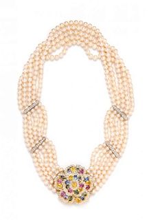 An 18 Karat Yellow Gold, Multicolored Sapphire, Diamond and Cultured Pearl Convertible Necklace, 13.50 dwts. (brooch only)
