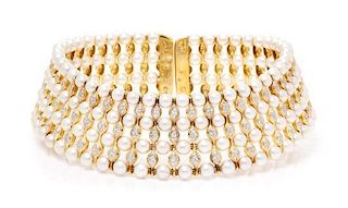 An 18 Karat Yellow Gold, Cultured Pearl and Diamond Collar Necklace, 93.40 dwts.