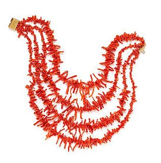 * An 18 Karat Yellow Gold and Coral Multistrand Necklace, 99.40 dwts.