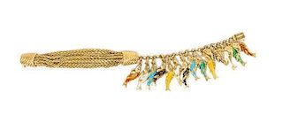 A Vintage 18 Karat Yellow Gold and Polychrome Enamel Fish Motif Charm Bracelet, French, 49.90 dwts.