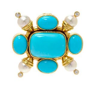 * An 18 Karat Yellow Gold, Turquoise, Cultured Pearl, and Diamond Pendant/Brooch, Elizabeth Locke, 28.40 dwts.