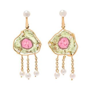 A Pair of 14 Karat Yellow Gold, Watermelon Slice Tourmaline, Cultured Pearl and Diamond Earclips, 6.10 dwts.