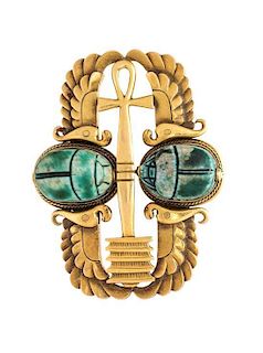 * An Egyptian Revival 18 Karat Yellow Gold and Faience Bead Scarab Brooch, R.H. Blanchard, Cairo, 11.10 dwts.