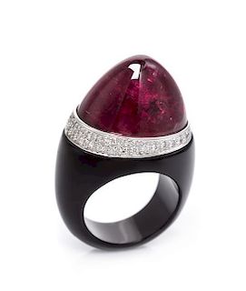 A Resin, White Gold, Pink Tourmaline and Diamond Ring, 11.40 dwts.