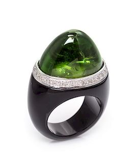 A Resin, White Gold, Green Tourmaline and Diamond Ring, 11.50 dwts.