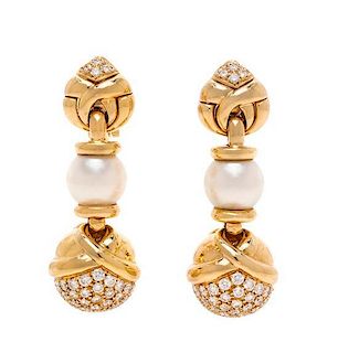 A Pair of 18 Karat Yellow Gold, Diamond and Cultured Pearl Earclips, Bvlgari,