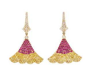 A Pair of Yellow Gold, Colored Diamond, Diamond and Ruby Pendant Earrings, 20.90 dwts.