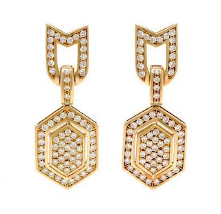 A Pair of 18 Karat Yellow Gold and Diamond Pendant Earclips, 14.40 dwts.