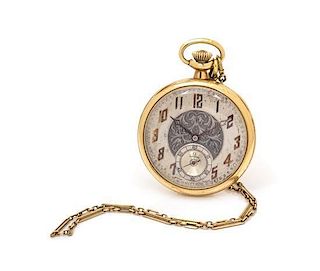 * A 14 Karat Yellow Gold Open Face Pocket Watch and Fobchain, Omega,