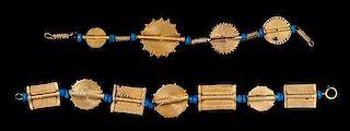 * A Pair of Akan Gold Alloy, Metal Alloy, Glass Bead Bracelets, CÃ™te d'Ivoire/Ghana, consisting of two bracelets, one bra