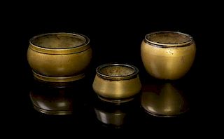 A Group of Three Scholars Table Gilt Bronze Censers, Diameter of largest 2 5/8 inches.