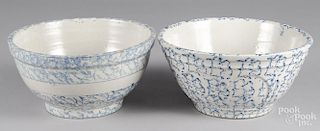 Two blue spongeware mixing bowls