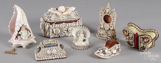Shell art dresser boxes and figures.