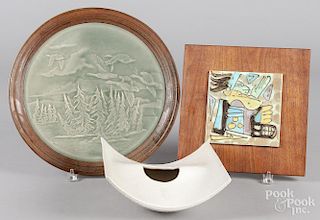 Pottery charger, together with a plaque and vase