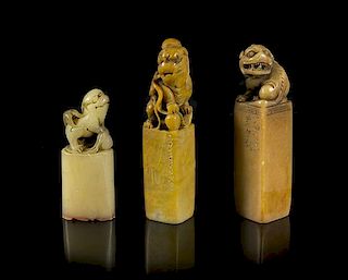 A Group of Three Chinese Carved Stone Seal Stamps, Height of tallest 3 3/4 inches.