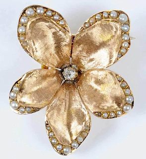 Vintage 14kt. Diamond and Pearl Flower Brooch