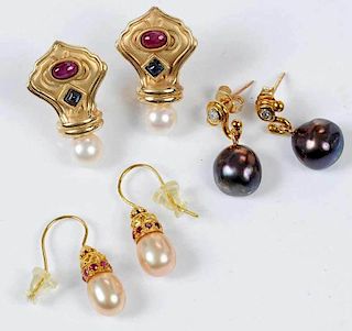 Three Pairs Gold & Pearl Earrings