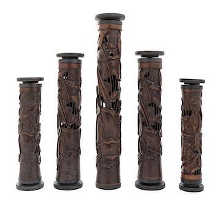 A Group of Five Chinese Carved Wood Joss Stick Holders, Height of tallest 18 1/8 inches.