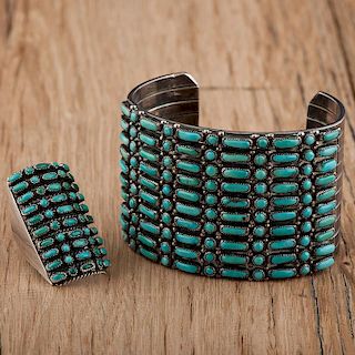 Zuni Silver and Turquoise Petit Point Cuff and Ring