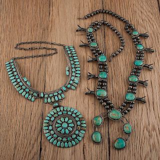 Navajo Silver and Turquoise Squash Blossom AND Turquoise Cluster Necklace