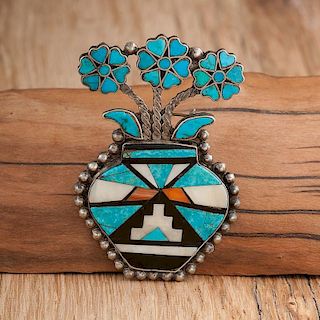 Zuni Silver and Turquoise Flower Pot Brooch