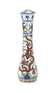 A Wucai Decorated Flywhisk Handle, Height 6 3/4 inches.